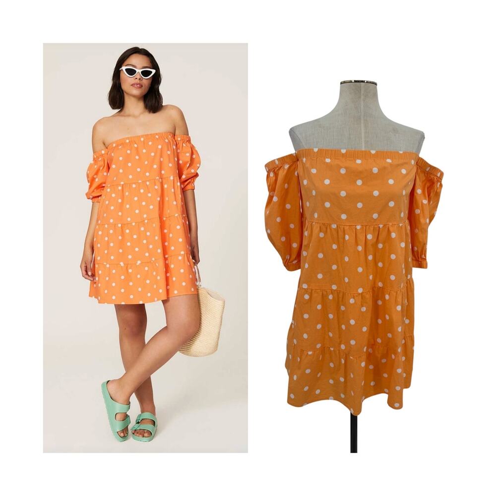 Color Me Courtney Quinn Polka Dot Off Shoulder Tiered Mini Dress Orange XS